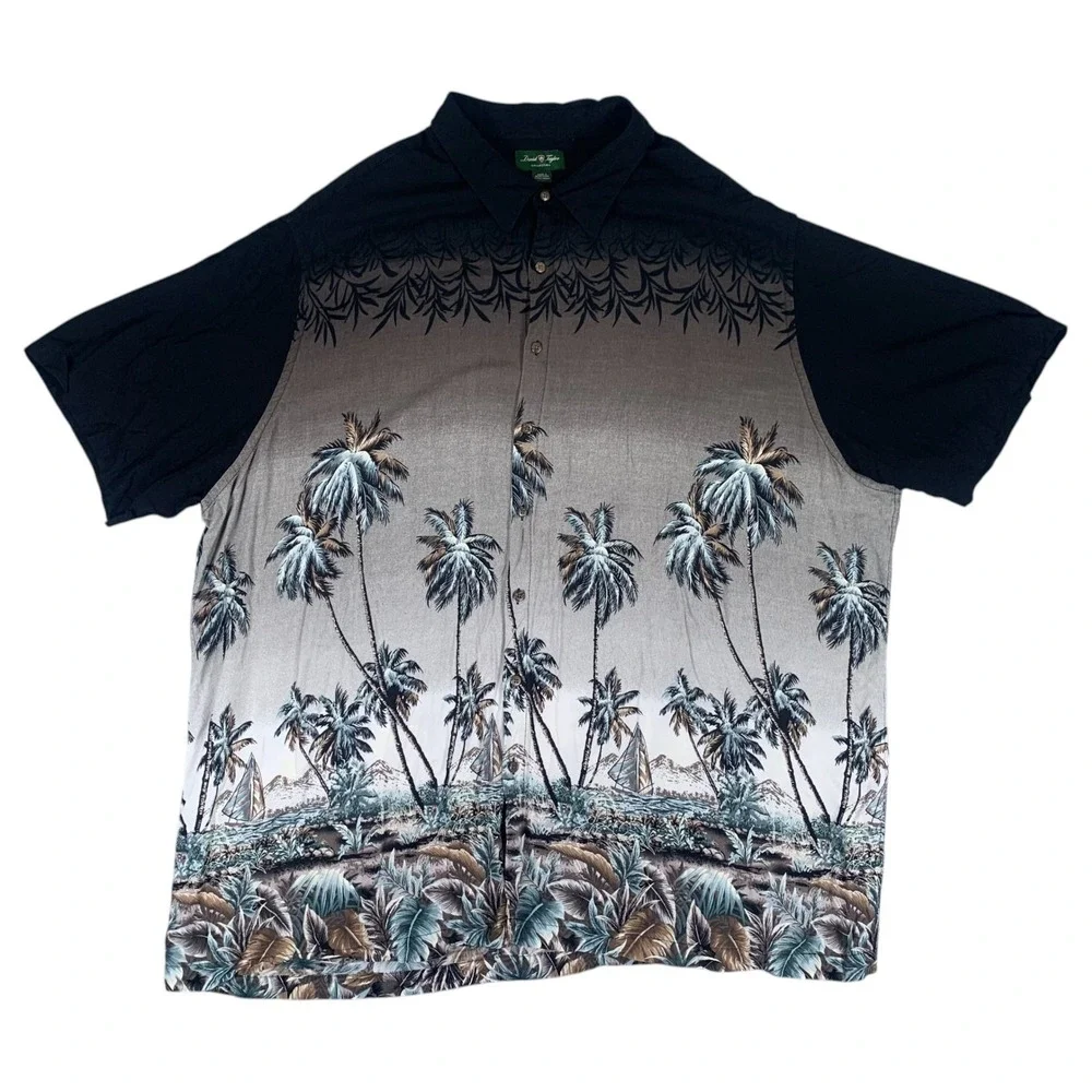 David Taylor Button Down Shirt Mens 4XL Black Brown Tropical Palm Tree Rayon